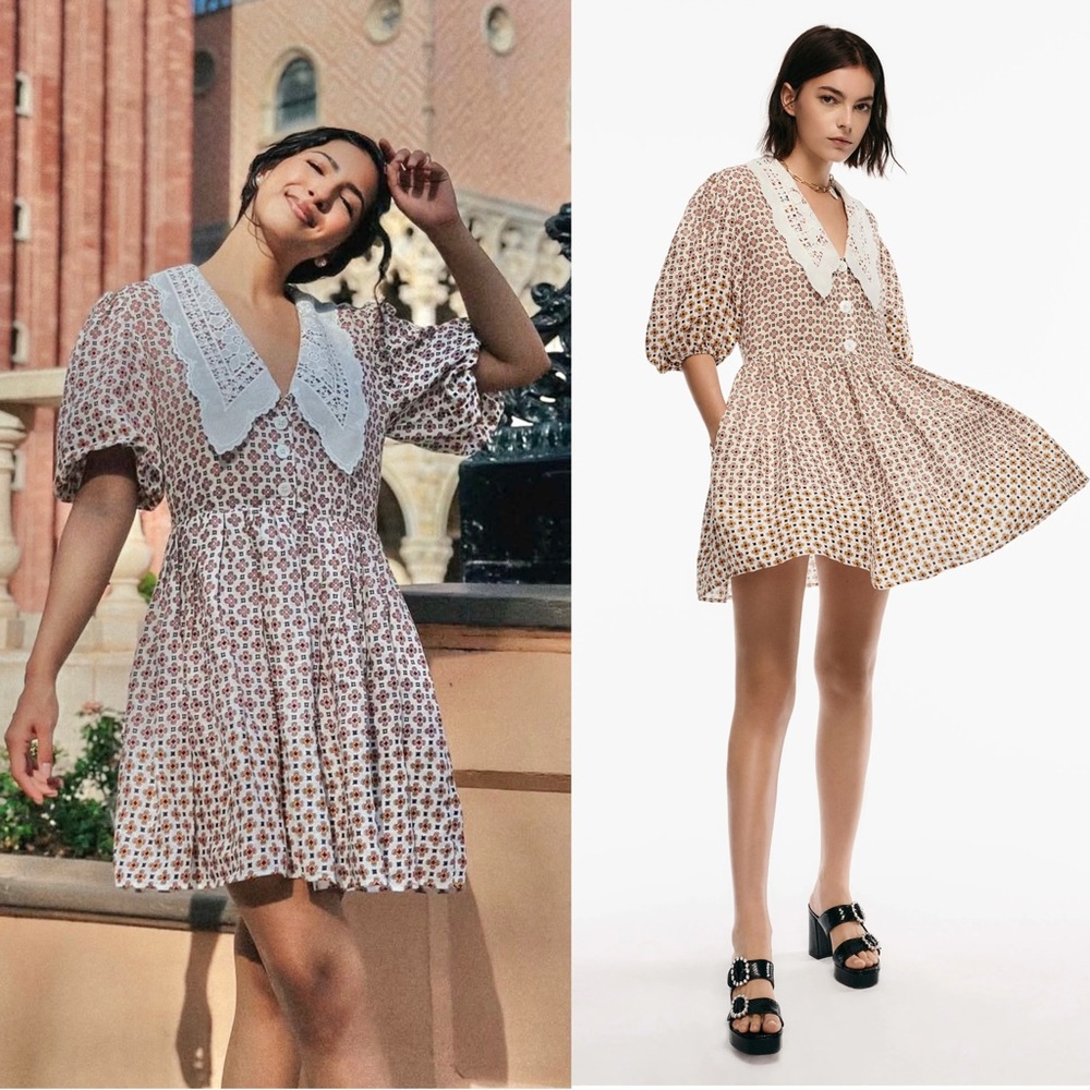 MAJE Lace Collar Tile Print Linen Puff Sleeve Cottagecore 70s Babydoll Dress‎ 6 - Picture 2 of 16